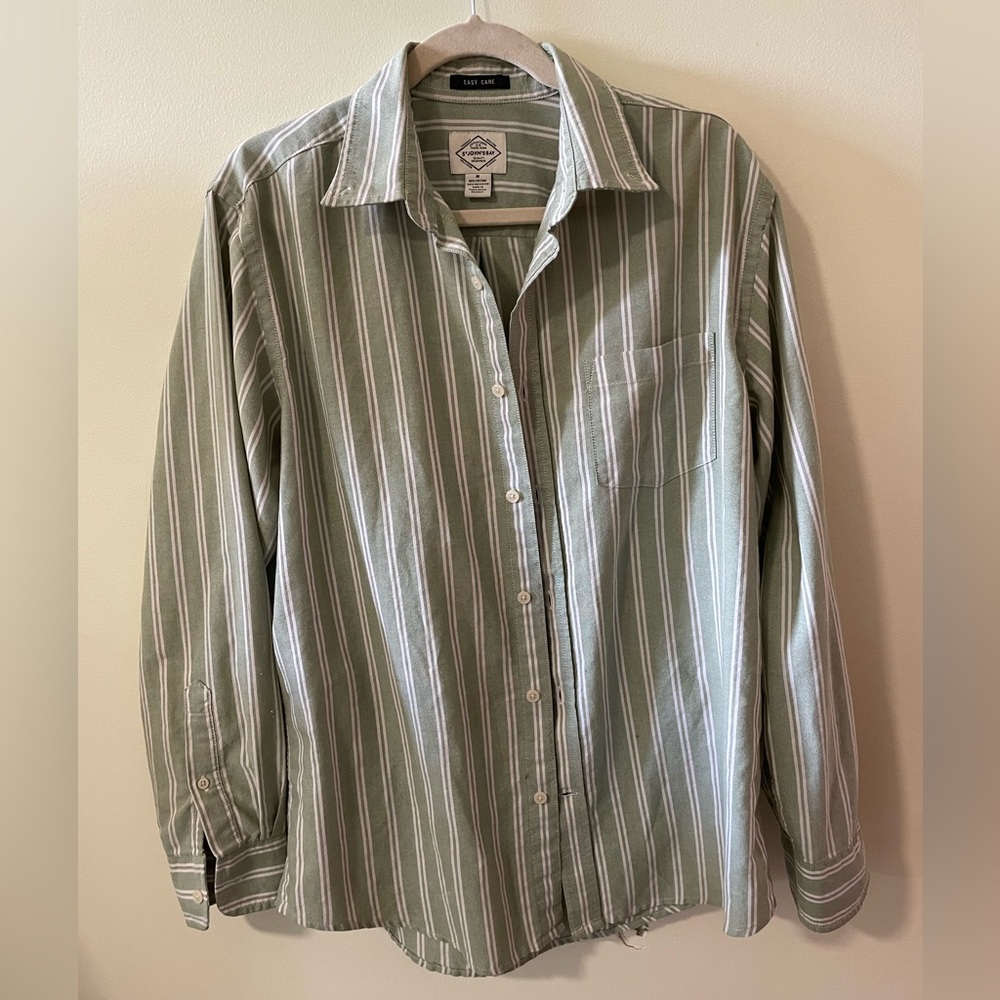 St. John's Bay Vintage Olive and White Striped Button-Down Shirt M size